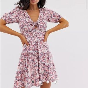 ASOS DESIGN Tie Front Mini Tea Dress In Vintage Floral with Puff Short S…